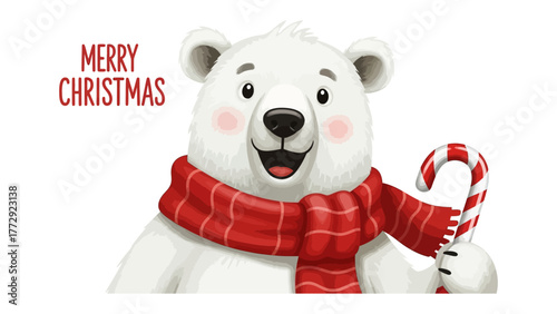 Christmas Cheer Bear: A friendly polar bear dressed in a festive red scarf and holding a candy cane, spreading the joy of the holiday season with a warm and inviting smile.