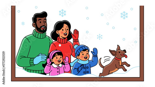 Cozy Winter Family Moment: A cheerful family stands together, bundled up in warm winter attire, joyfully waving at a playful dog frolicking in the snowy landscape.