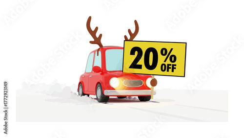 Festive Holiday Car Deal: A cheerful red car, adorned with reindeer antlers, offers a tempting 20% discount against a snowy backdrop, symbolizing joy and savings during the holiday season.