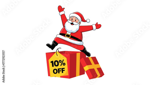 Christmas Discount: A joyful Santa Claus leaps onto a gift box promoting a 10% discount, celebrating the season's special offers. A festive symbol of savings and the holidays.