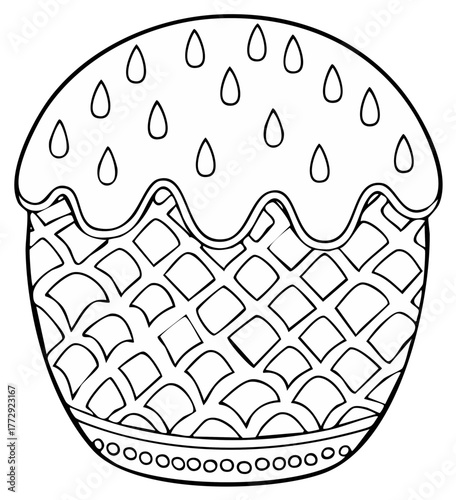 Hand Drawn Easter Cake Coloring Page with Decorative Glaze and Woven Basket Design