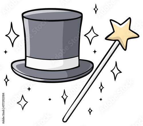 Cartoon Magician Hat and Wand with Sparkles for Magical Show or Theatrical Performance