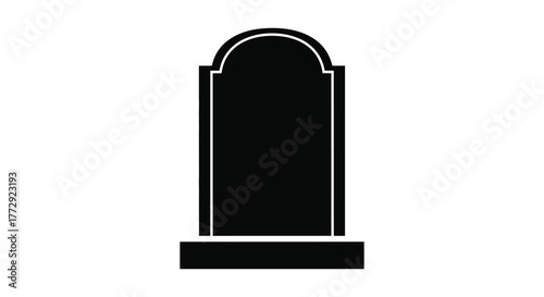 A stark black silhouette of a traditional tombstone with a rounded top and a solid base on a white background