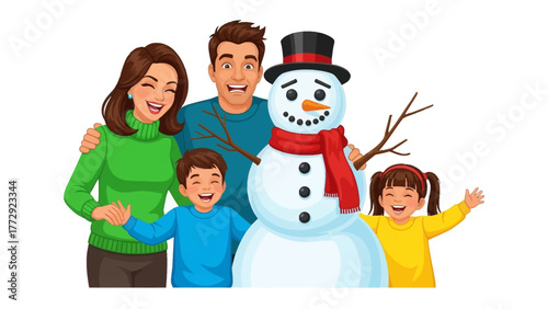 Happy Family and a Playful Snowman: A joyous family, composed of parents and two children, stands alongside a charming snowman, reveling in the delightful winter season.