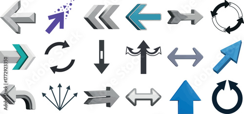 Group of arrow symbols and directional icons in multiple designs and hues