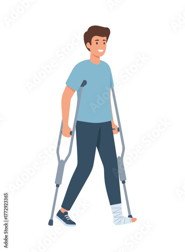 A man with a broken leg using crutches to walk, smiling and wearing casual clothes.
