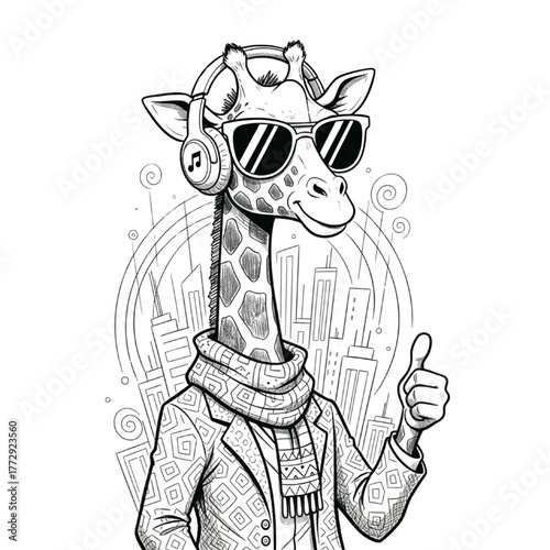 Cool Giraffe with Headphones and Sunglasses Line Art Illustration