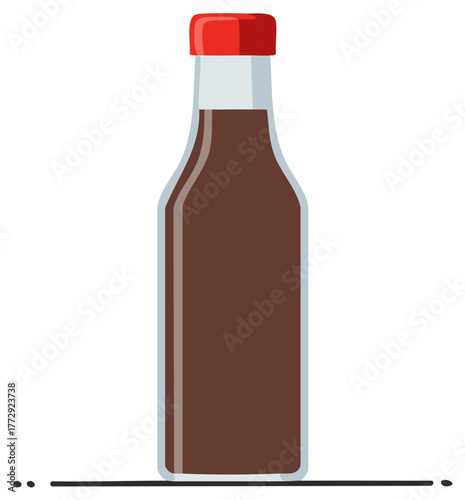Bottle of dark liquid with red cap, food condiment, flavour enhancer, vector illustration, isolated