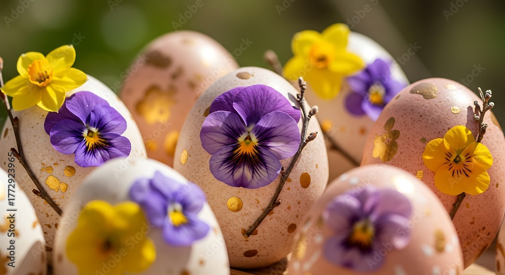 Fototapeta premium Close-up of decorated Easter eggs with colorful flowers. Eggs are speckled with gold dots