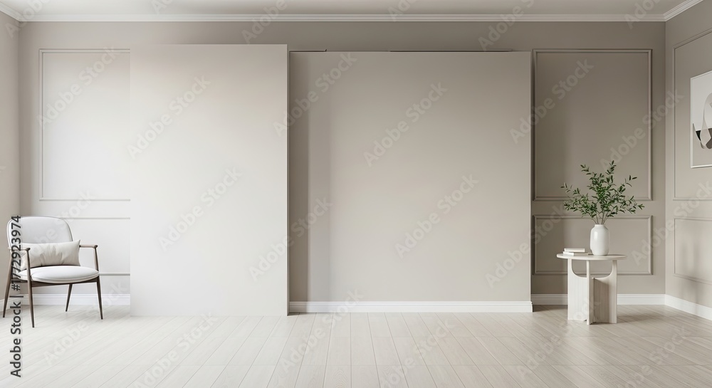 Fototapeta premium A minimalist, neutral-colored living room with a white armchair and a potted plant on a side table.