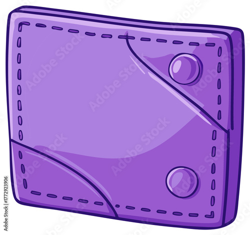 Purple cartoon wallet with stitched seams and button closures, isolated on white.