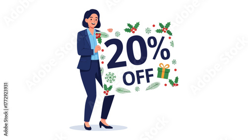 Festive Discount: A smiling person in professional attire holds up a sign that says 20% OFF, adorned with seasonal elements, highlighting a special offer for shoppers. 