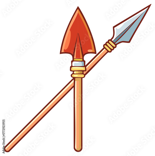 Two crossing spears with decorative orange and blue points and wooden shafts