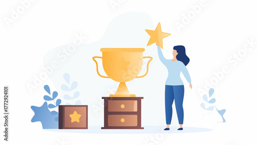 Woman holding a golden star above a large trophy on a pedestal symbolizing achievement and success in a competition