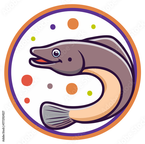 Cartoon eel in circle design with dots, illustration of cute freshwater fish with happy face in water bubble