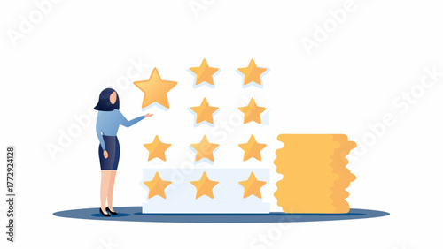Businesswoman selecting a star rating from a display of golden stars representing customer satisfaction and service quality