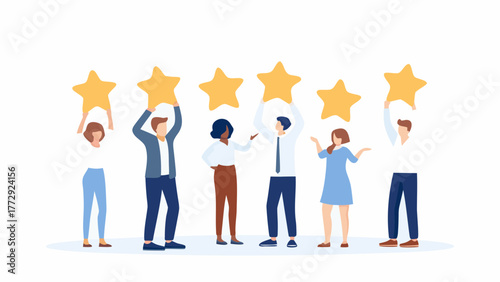 Diverse group of people holding up golden stars to represent a high rating or positive customer feedback and satisfaction
