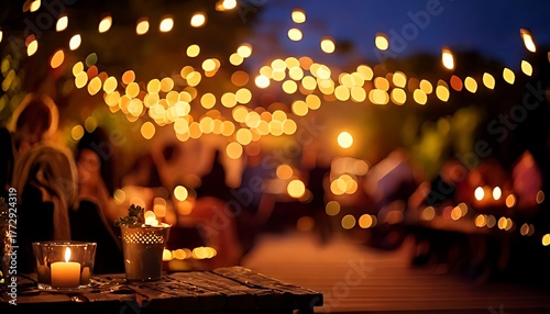nighttime scene, gathering outside, festive lighting, cozy ambiance, and hazy background
