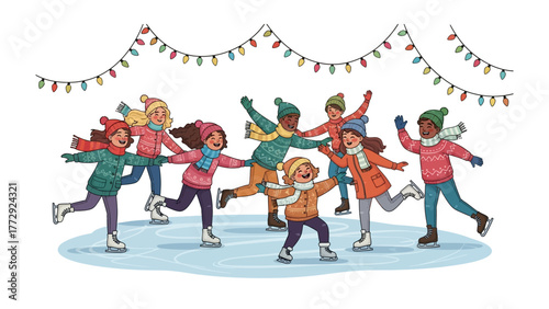 Winter Wonderland Skate: A joyous scene unfolds as a group of children glide gracefully across an ice-skating rink, illuminated by twinkling festive lights, embodying the simple pleasures of winter.