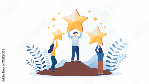 Diverse team of people working together to achieve success by holding up golden stars representing achievements and recognition