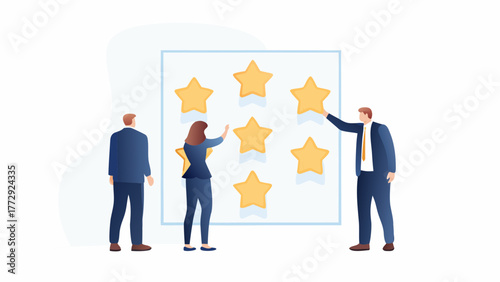 Business professionals collaborate to place golden stars on a grid representing customer feedback and service quality assessment