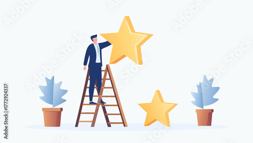 Businessman climbing ladder to place golden star symbolizing achievement success and reaching goals in business career