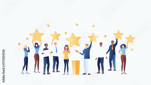 Diverse group of people holding up golden stars to represent a positive customer review or rating