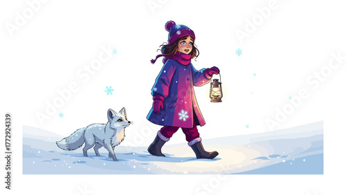 Winter's Embrace: A little girl, cloaked in winter attire, walks hand-in-paw with a snow fox, the softly lit lantern guides them through a serene snowy landscape.