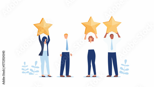 Diverse group of business people holding up golden stars representing excellent customer service and high ratings
