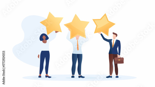 Diverse team of three professionals holding up golden stars symbolizing excellent customer service and high ratings