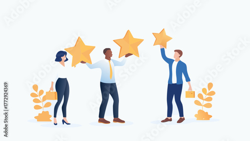 Diverse team of professionals holding golden stars to represent excellent customer service and high ratings in a modern flat illustration style