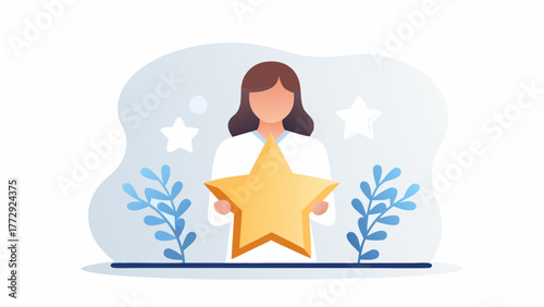 A person holding a large golden star symbolizing achievement recognition and excellent performance in a stylized illustration