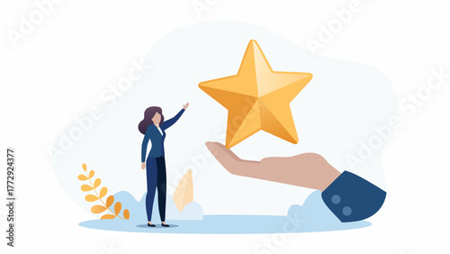 Businesswoman reaching for a golden star held by a large hand symbolizing recognition achievement and success in a professional setting