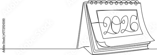 continuous line drawing of desk calendar with number 2026 on first page, flip calendar line art vector illustration