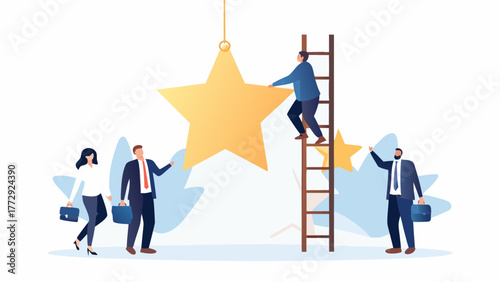Business team working together to achieve success by reaching for a large golden star hanging from a rope with a ladder