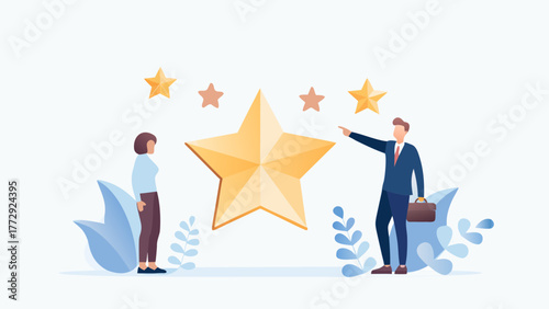 Business people evaluating a large golden star symbolizing success achievement and excellent performance in a professional setting