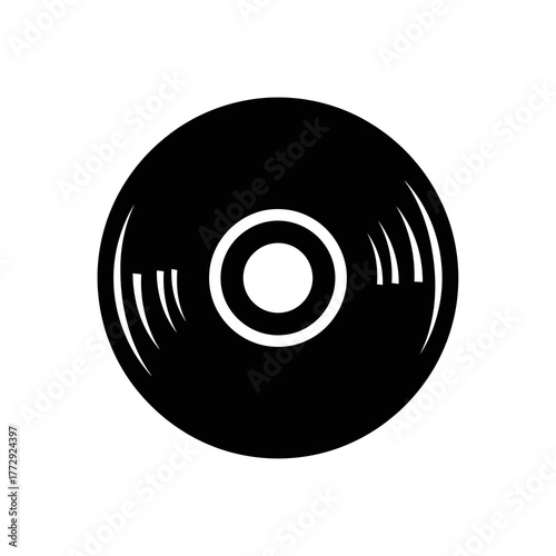 Black vinyl record silhouette with concentric circles and grooves isolated on white background
