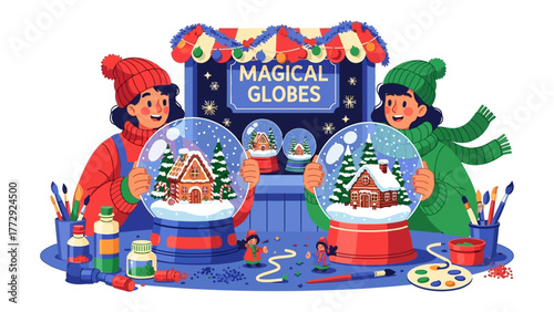 Magical Globes of Wonder: Two young individuals proudly showcase intricately crafted magical globes, transporting viewers to enchanting winter wonderlands.