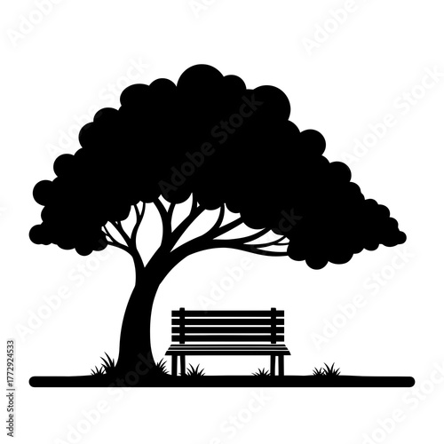 A solitary park bench sits peacefully under the shade of a large tree in silhouette isolated on white background
