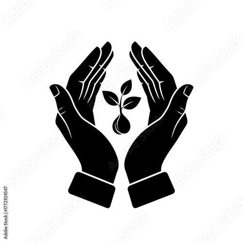 Two cupped hands protectively holding a growing seedling with a water droplet silhouette isolated on white background