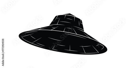 A vintage industrial pendant light fixture with a wide flared shade in a stark black silhouette against a white background