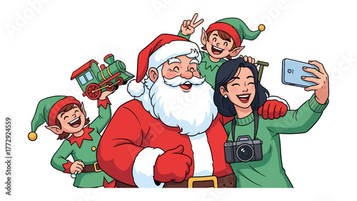 Festive Selfie: Santa Claus and his elf friends gather around a smiling young woman, capturing a cheerful selfie, filled with the joy of Christmas.
