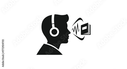 Profile silhouette of a person wearing headphones listening to an audiobook or podcast with sound waves emanating from the book silhouette