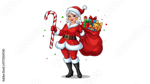 Mrs. Santa's Festive Arrival: Charming image depicts a Mrs. Santa Claus, brimming with holiday cheer, a candy cane in hand and a sack of Christmas gifts, ready to spread seasonal delight.