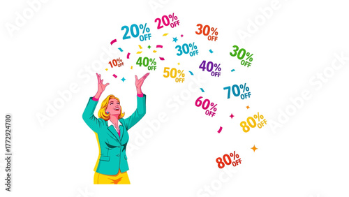 Shopaholic's Dream: Capturing the essence of excitement, a woman revels in a cascade of discount offers, her arms raised in a gesture of pure retail bliss.