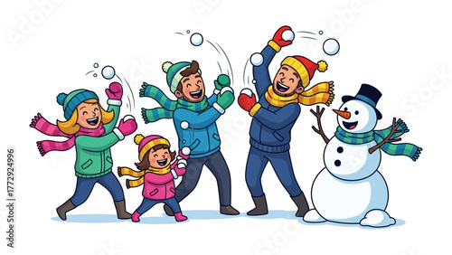 Wintertime Fun: A joyous family revels in a playful snowball fight, a cheerful snowman standing witness, capturing the essence of winter joy.