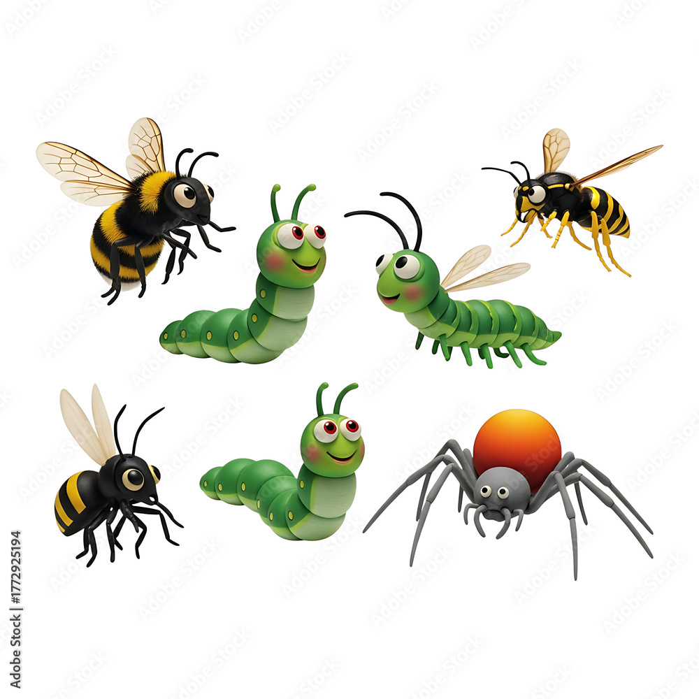 Fototapeta premium 3d illustration of cartoon insects and spider isolated on white background in 3d rendering