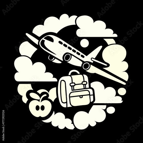 Airplane with backpack and apple