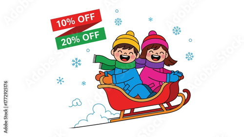 Winter Sale: Joyful children sledding in a snowy landscape with sales signs, representing the thrill of winter bargains.