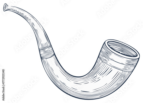 Vintage engraving style shofar horn illustration, a ritual musical instrument.